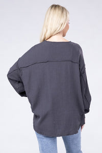 Double Gauze Oversized 3/4 Button Henley Neck Top