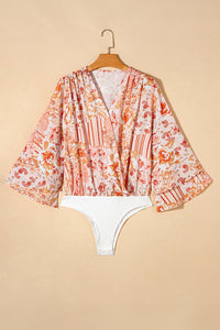 Orange Floral Print Ruffled Bell Sleeve V Neck Bodysuit