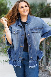 Peacock Blue Ruffled Frayed Short Sleeve Plus Size Denim Jacket