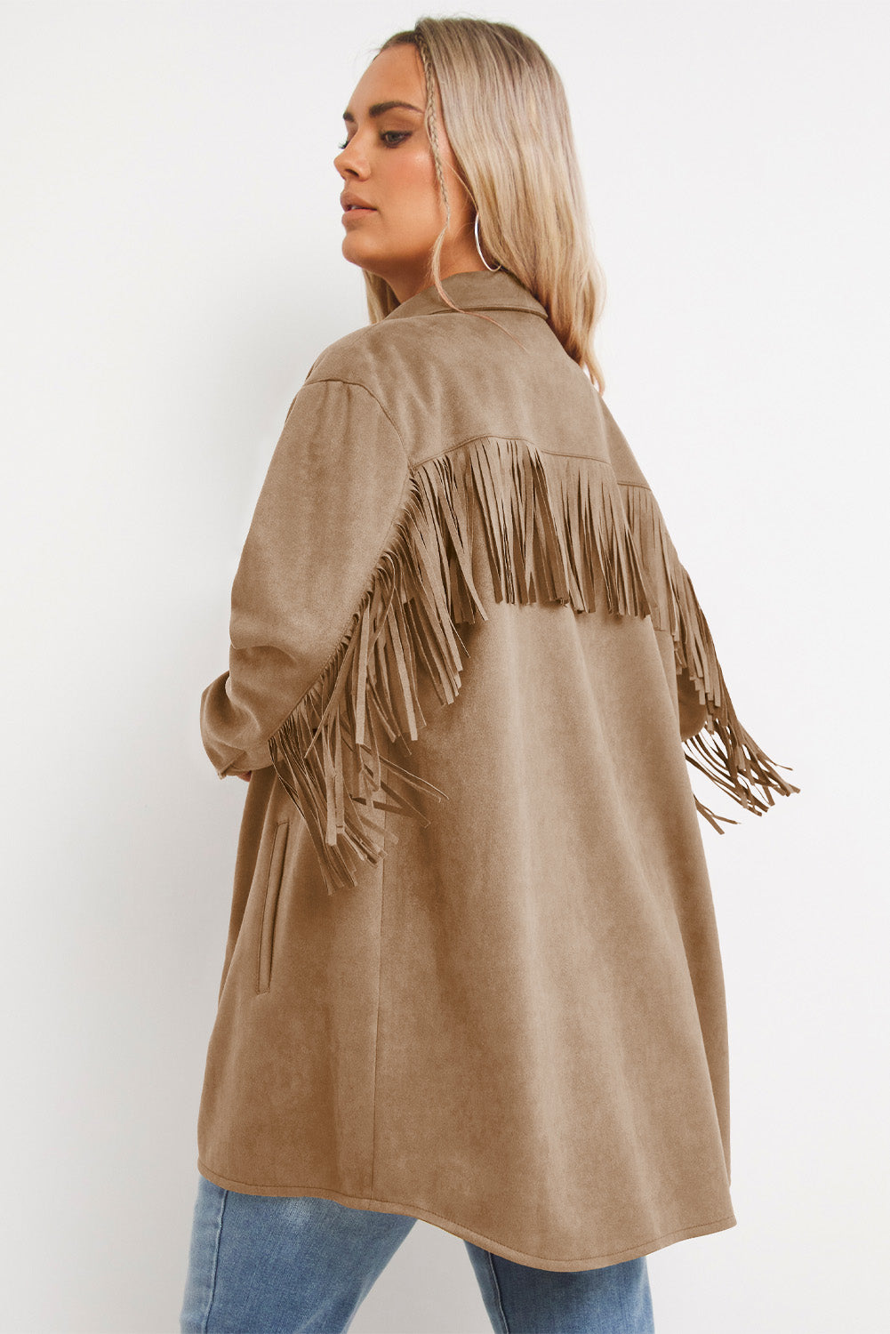 White Fringe Trim Plus Size Suede Shacket