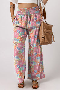 Pink Floral Smocked Waist Loose Pants