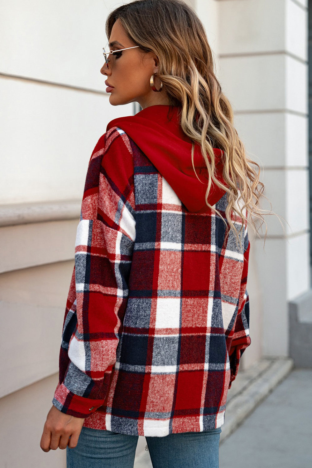 Orange Hooded Plaid Button Front Shacket