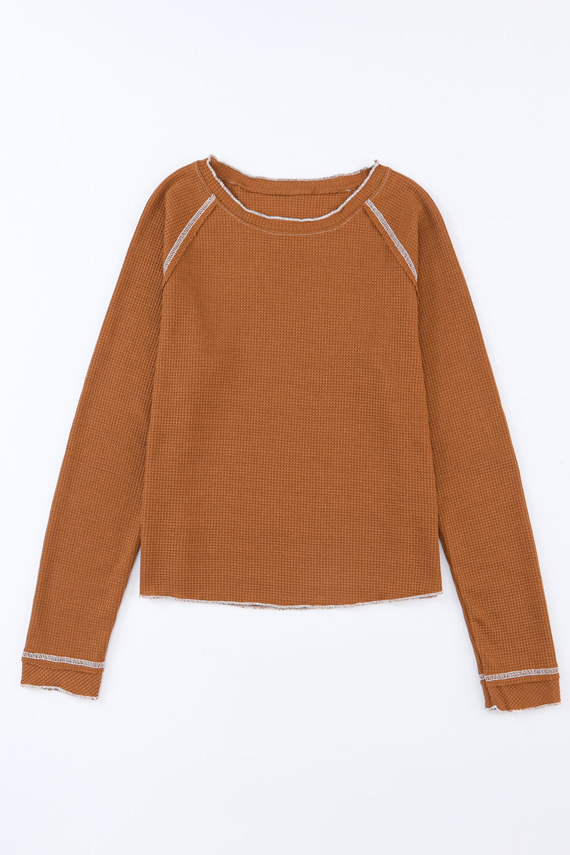 Chestnut Contrast Seam Frilly Edge Waffle Knit T-shirt