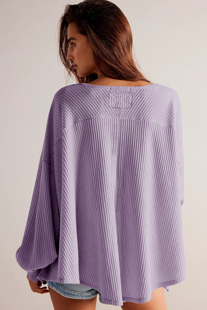 Orchid Petal Waffle V Neck Long Sleeve Drop Shoulder Loose Top