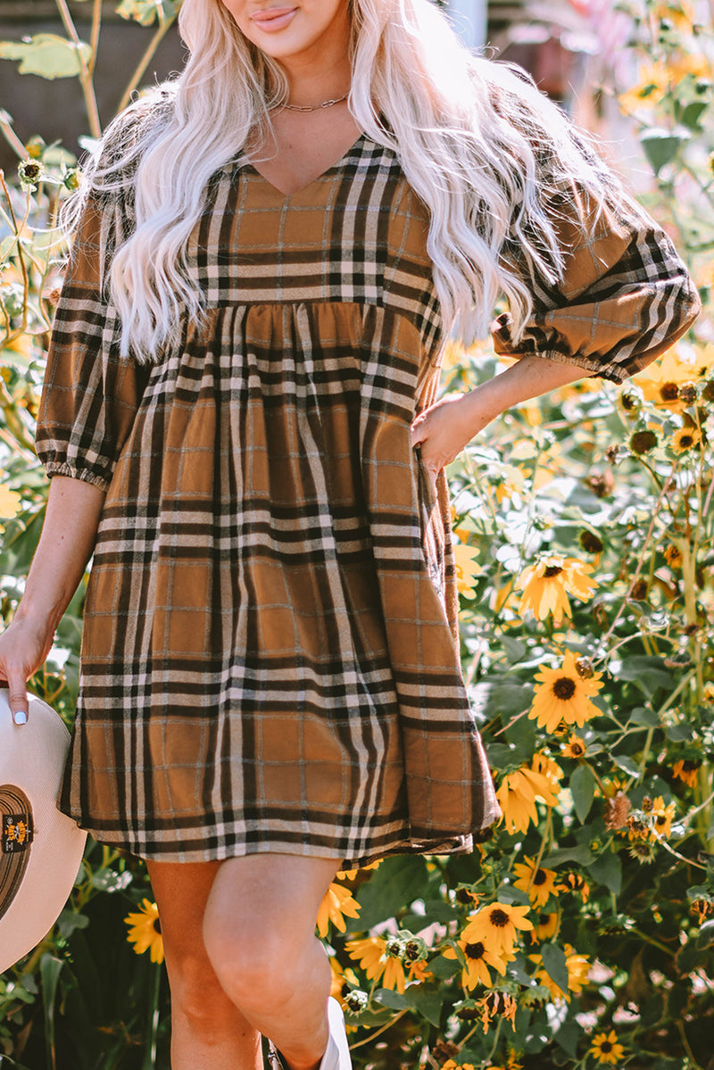 Brown Printed Plaid V Neck Plus Size Babydoll Dress