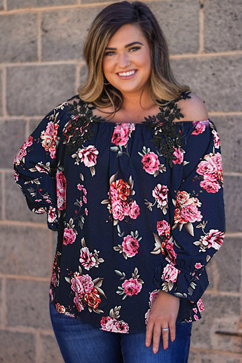 Navy Blue Plus Size Crochet Detail Cold shoulder Floral Blouse