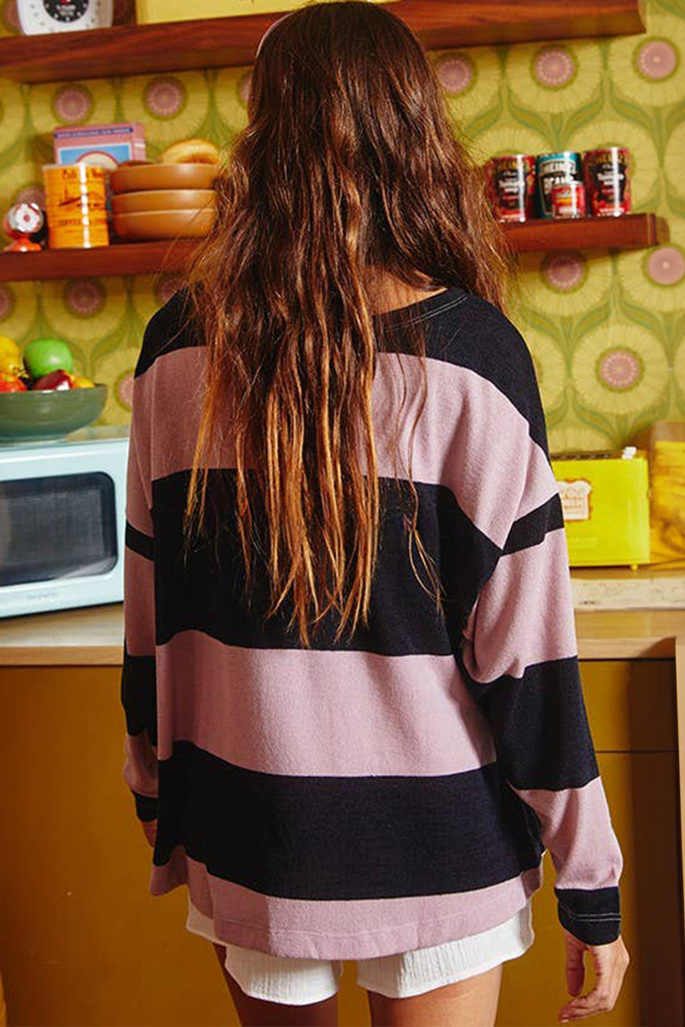 Pink Stripe Color Block Number 22 Print Game Day Loose Long Sleeve Top