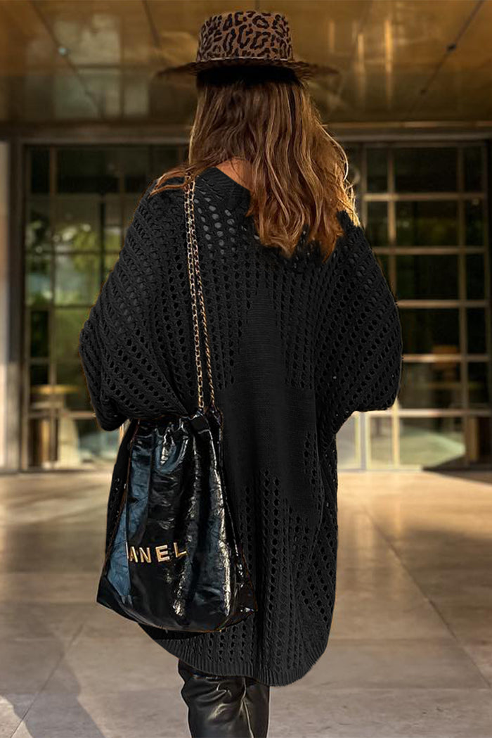 Black Pointelle Knit Pocket Open Front Cardigan