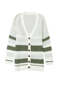 White Plus Size Color Block Cable Knit Buttoned Cardigan