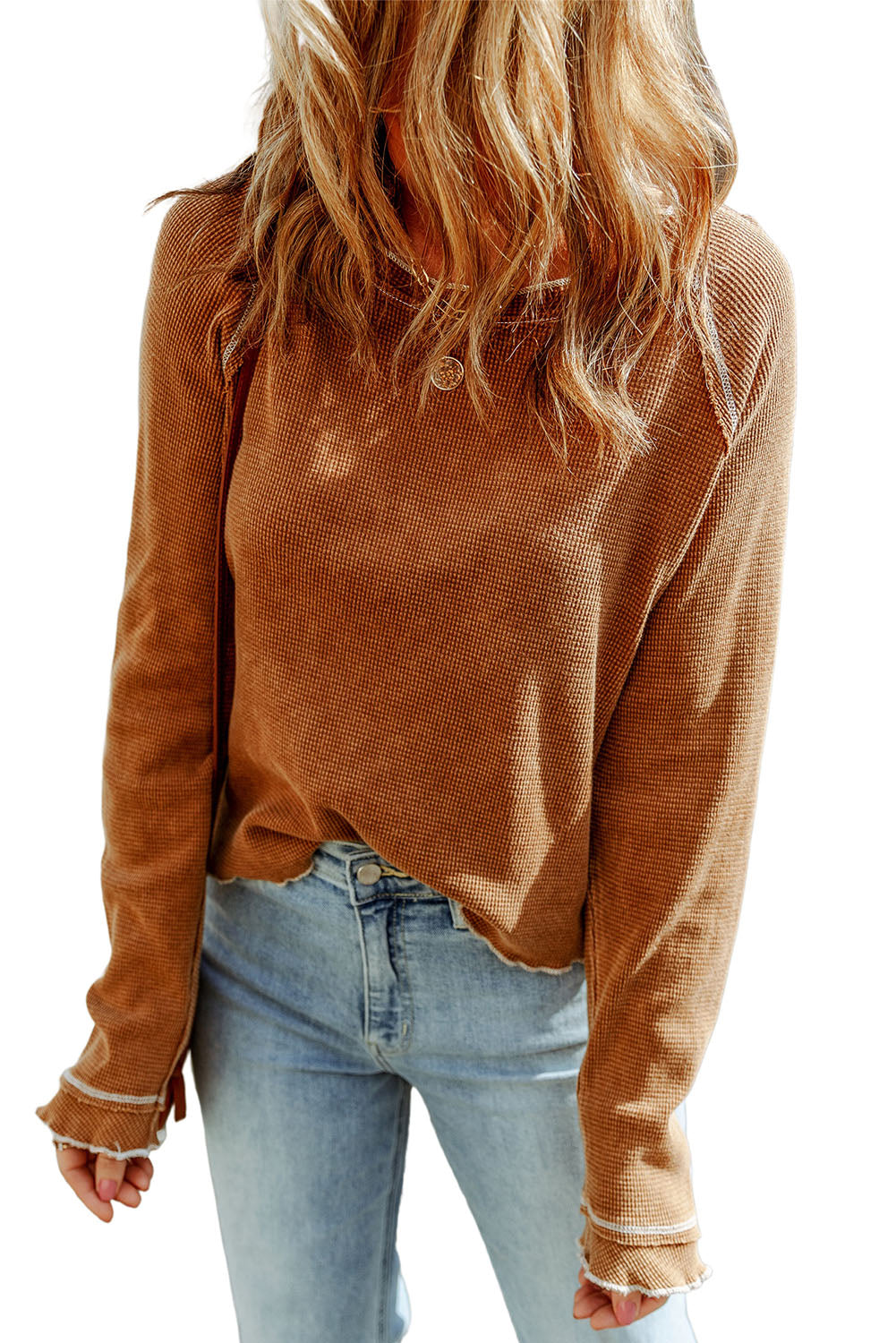 Chestnut Contrast Seam Frilly Edge Waffle Knit T-shirt