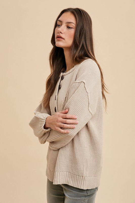 Annie Wear Half Button Ribbed Hem Sweater