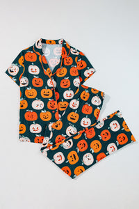 Orange Halloween Pattern Short Sleeve Shirt Pajama Set