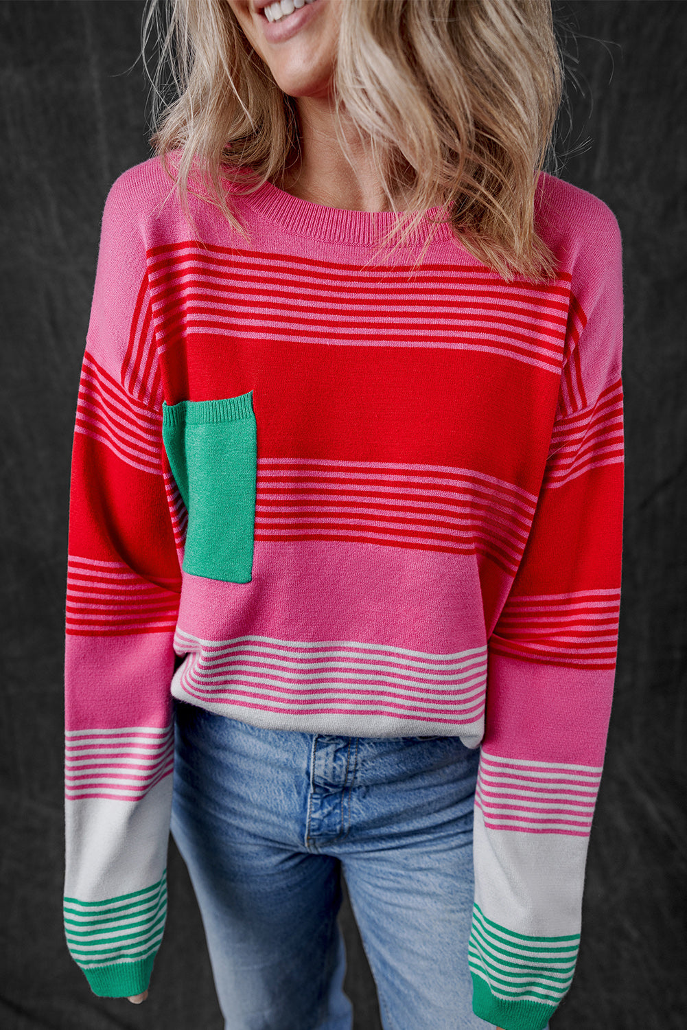 Rose Striped Knit Patch Pocket Drop Shoulder Sweater