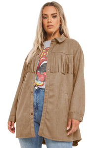 White Fringe Trim Plus Size Suede Shacket