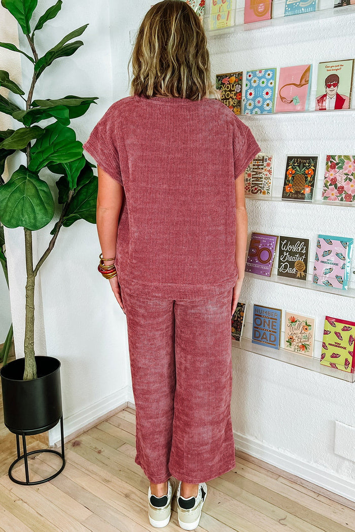 Rose Pink Mineral Wash Corduroy Short Sleeve and Crop Pants Set