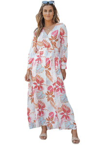 Multicolor Tropical Palm Print Tie High Waist Plus Size Maxi Dress