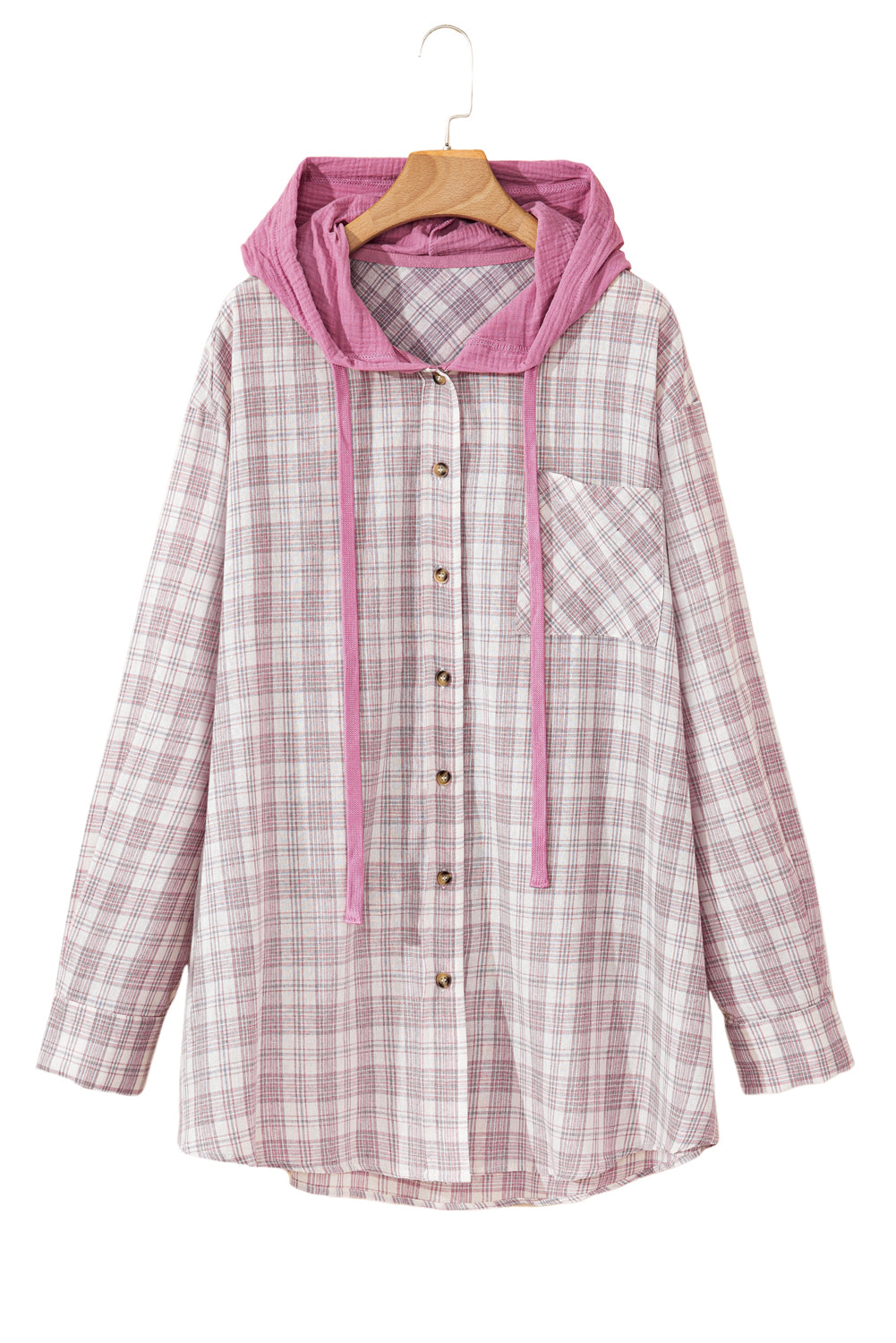 Bonbon Plaid Print Drawstring Hooded Button-up Plus Size Shirt