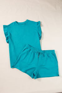 Skobeloff Textured Ruffle Split Top and Drawstring Shorts