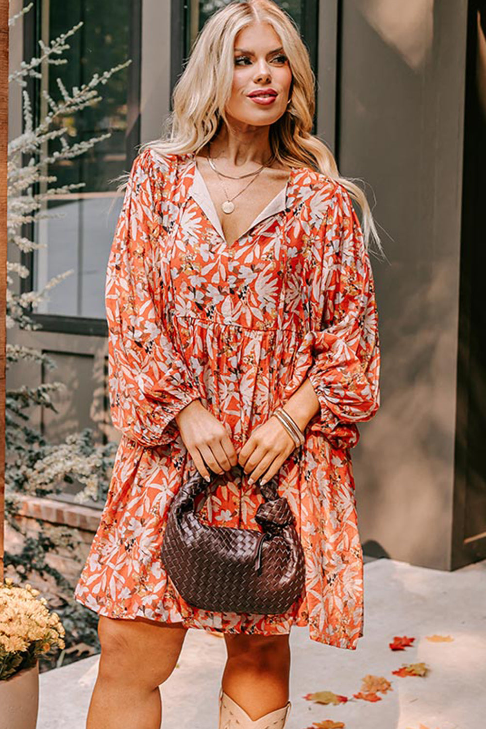 Orange Floral Print Split V Neck Bubble Sleeve Plus Size Midi Dress