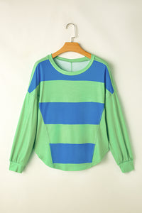 Blue Colorblock Striped Drop Shoulder Loose Top