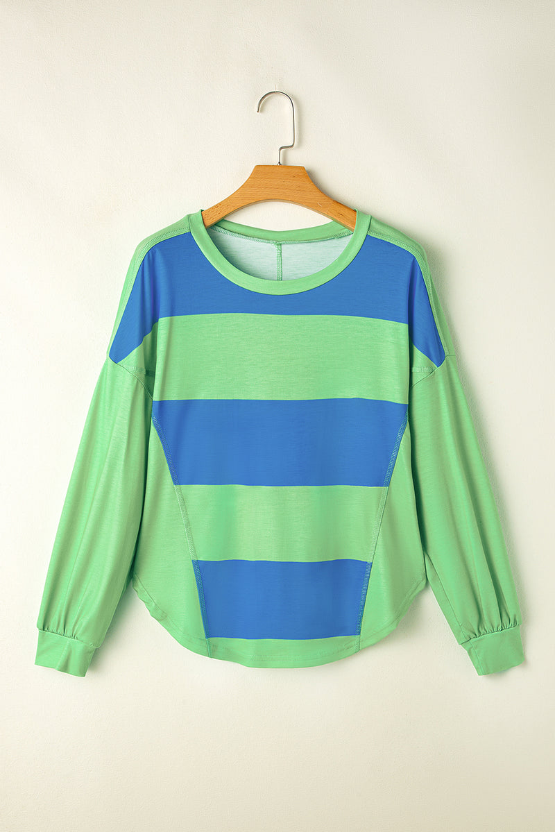 Blue Colorblock Striped Drop Shoulder Loose Top