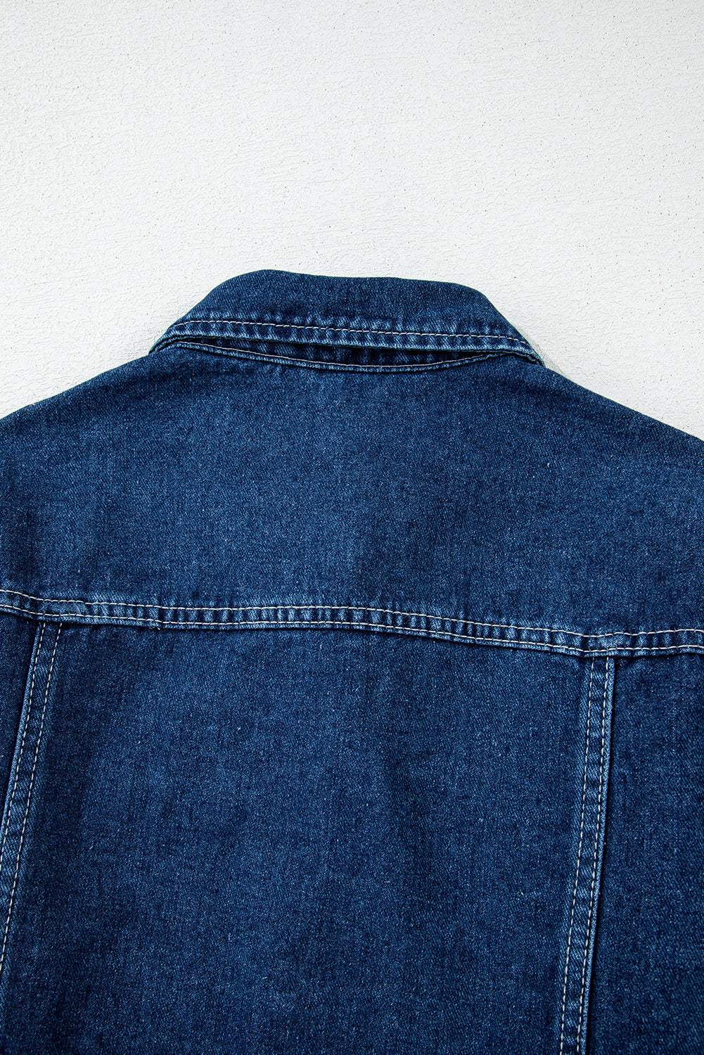 Navy Blue Ruffle Raw Hem Flap Pockets Denim Jacket