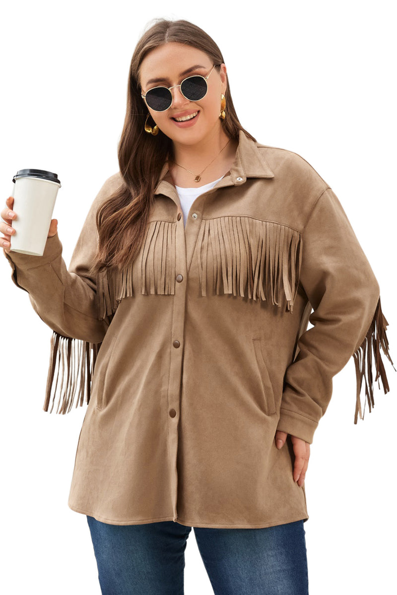 White Fringe Trim Plus Size Suede Shacket