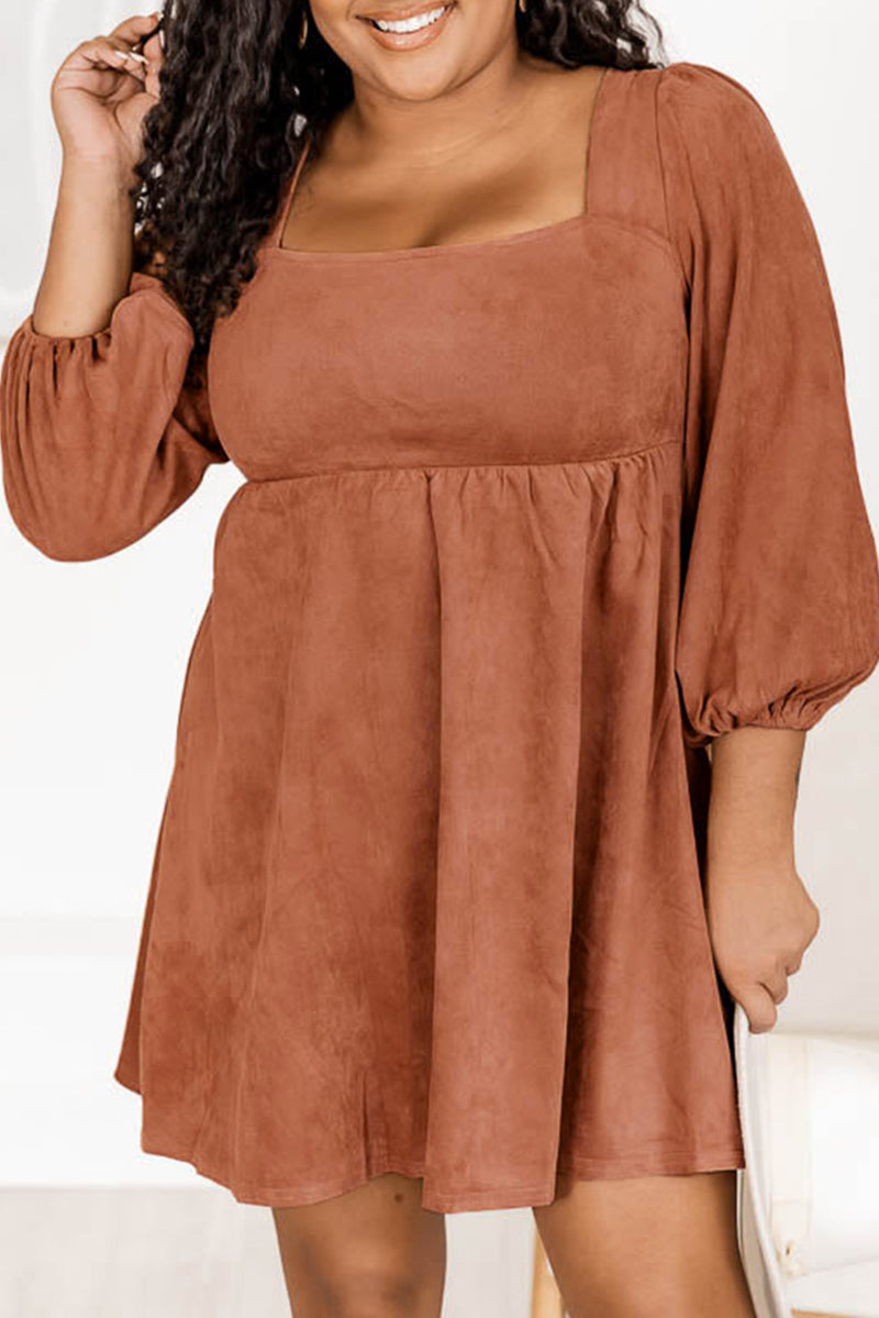 Chestnut Plus Size Suede Square Neck Balloon Sleeve Dress