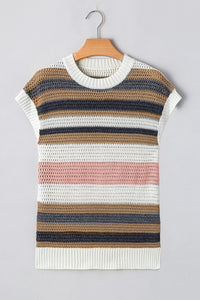 Pink Stripe Color Block Eyelet Knit Short Sleeve Sweater Tee