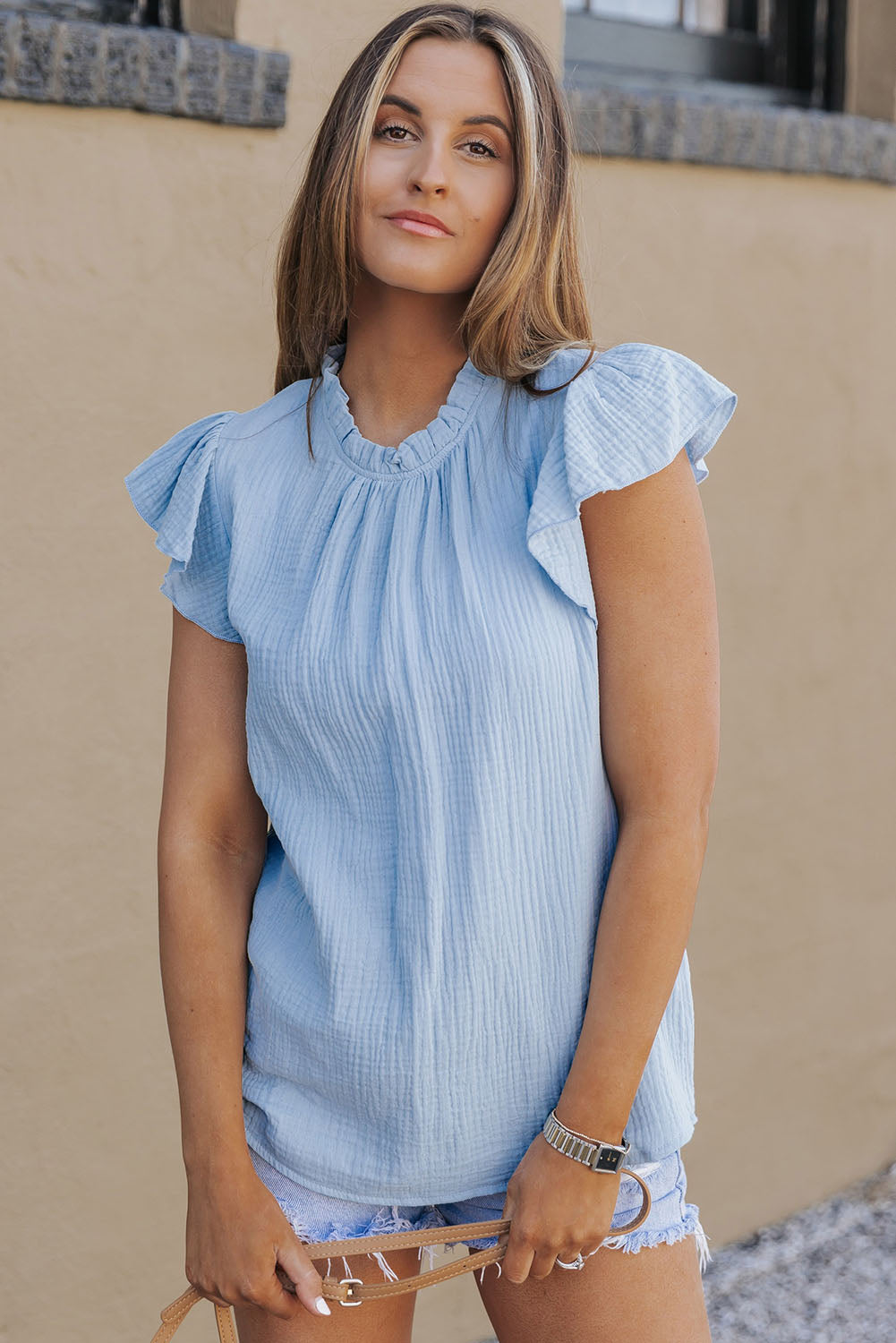 Pink Textured Flutter Sleeve Frilled Neck Plus Size Blouse