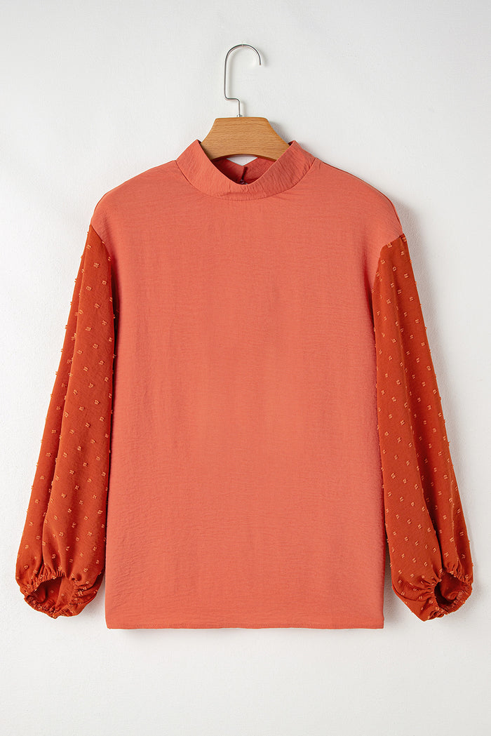 Russet Orange Swiss Dot Balloon Sleeve Loose Blouse