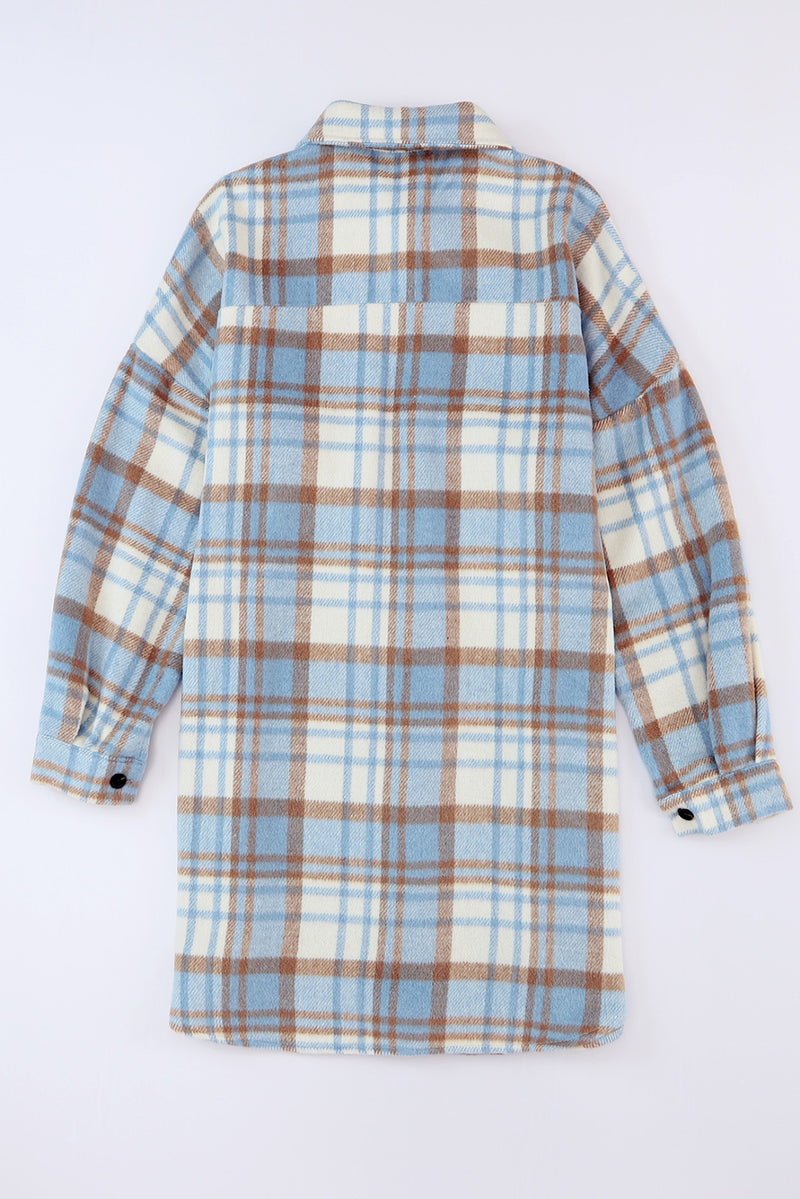 Sky Blue Plaid Flap Pocket Long Sleeve Shacket