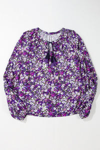 Purple Boho Flower Split V Neck Bubble Sleeve Blouse