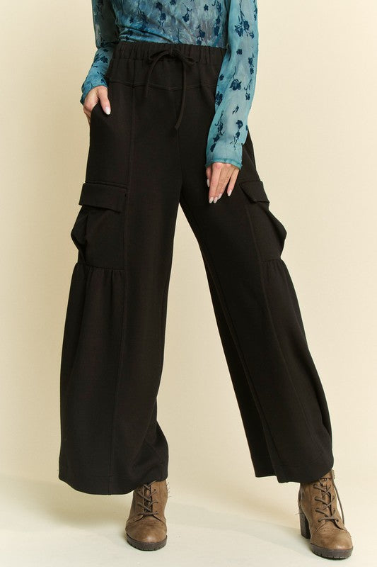 Davi & Dani Drawstring Ruched Detail Wide Leg Pants