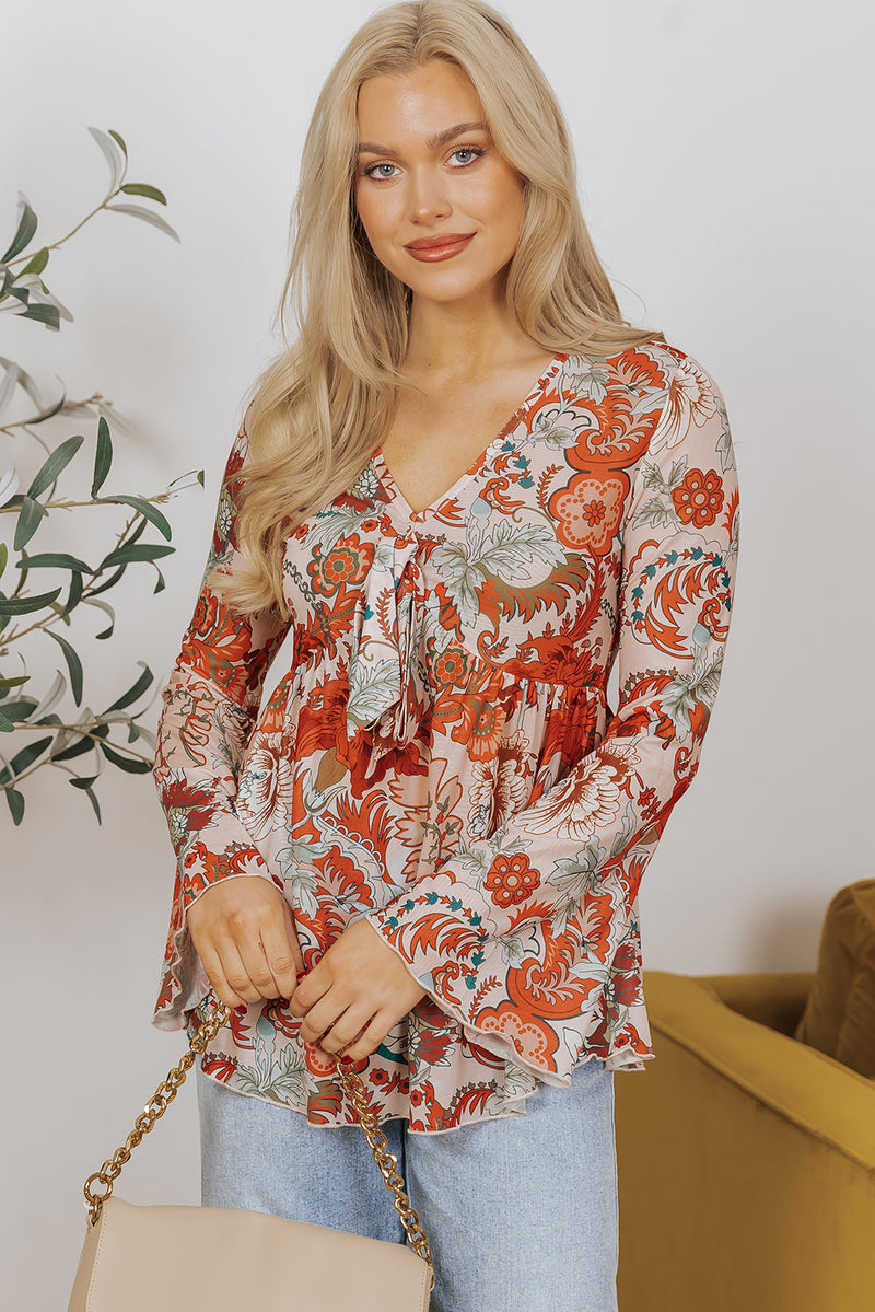 Orange Floral Print Deep V Neck Knot Bell Sleeve Blouse