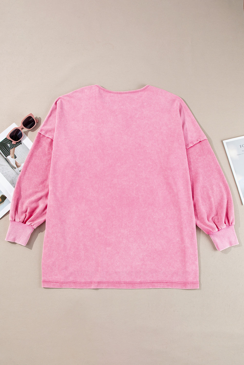 Pink Plus Size Mineral Wash Drop Shoulder Round Neck Sweatshirt