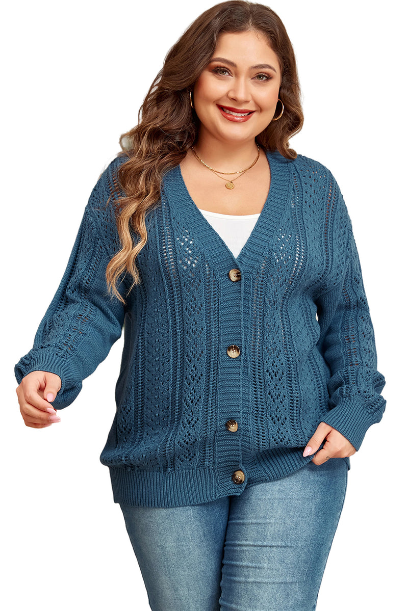 Real Teal Open Knit V Neck Button Front Drop Shoulder Plus Size Cardigan