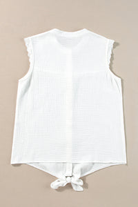 White Lace Trim Crinkle Knot Hem Sleeveless Shirt