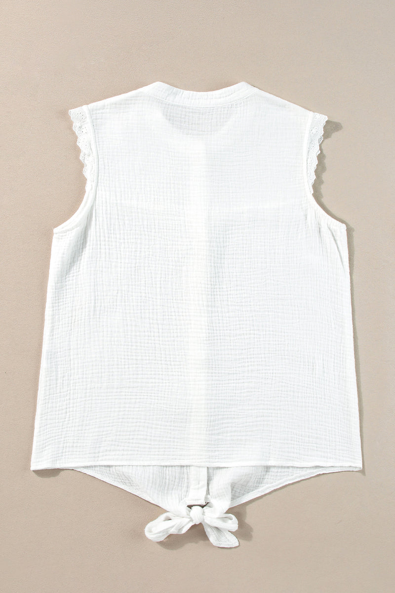 White Lace Trim Crinkle Knot Hem Sleeveless Shirt