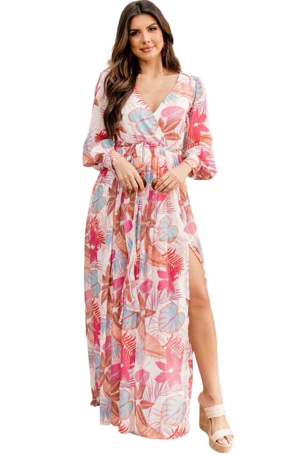 Multicolor Tropical Palm Print Tie High Waist Plus Size Maxi Dress