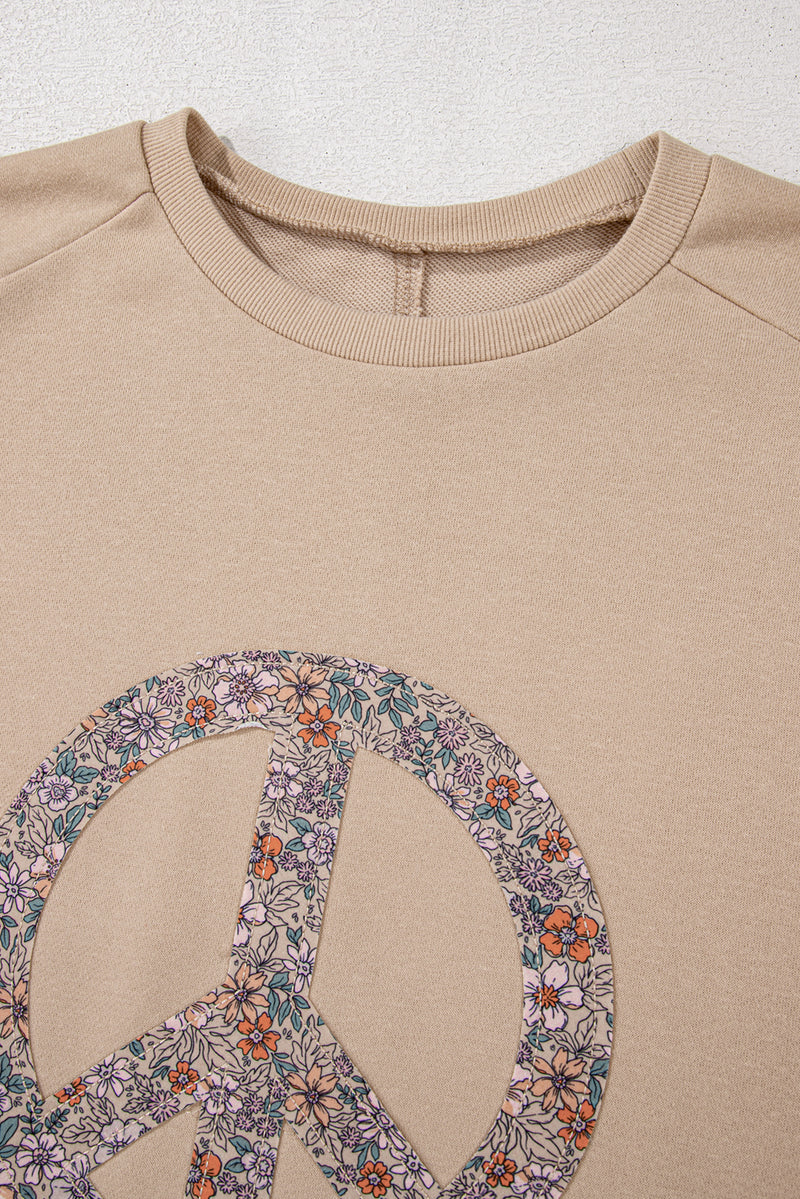 Pale Khaki Floral Peace Sign Graphic Washed Terry Plus Size Sweatshirt