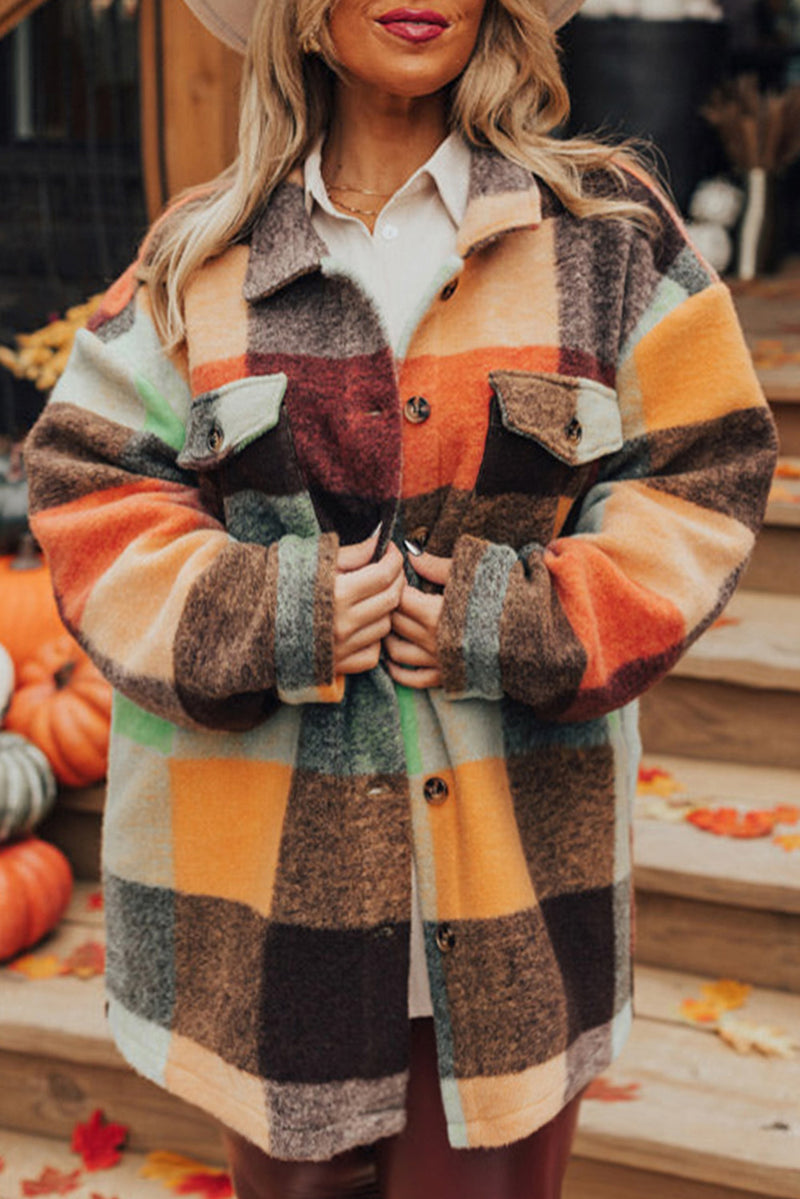 Orange Plaid Print Flap Pocket Long Jacket