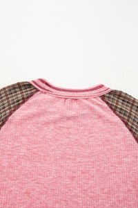 Fushia Mixed Print Patchwork Raglan Ribbed Knit Top