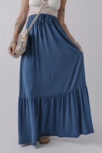 Sail Blue Solid Color Lace up High Waist Tiered Maxi Skirt