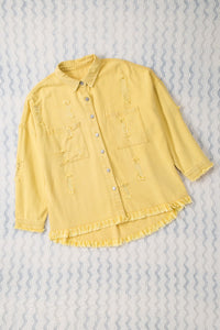 Yellow Distressed Fringe Trim Denim Jacket