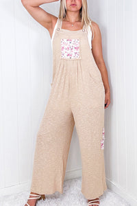 Jet Stream Floral Patchwork Ribbed Side Pockets Wide Leg Jumpsuit