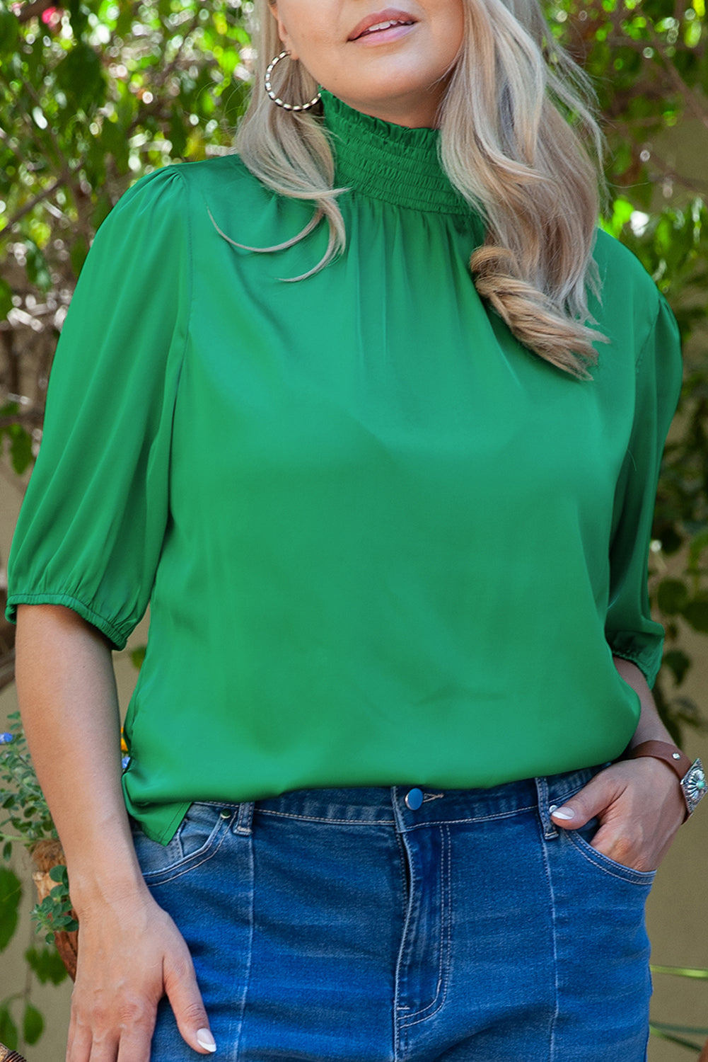 Sea Green Shirred High Neck Puff Sleeve Plus Size Blouse