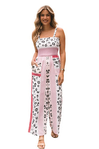 Pink Leopard Color Block Mix Print Pocketed Jumpsuit