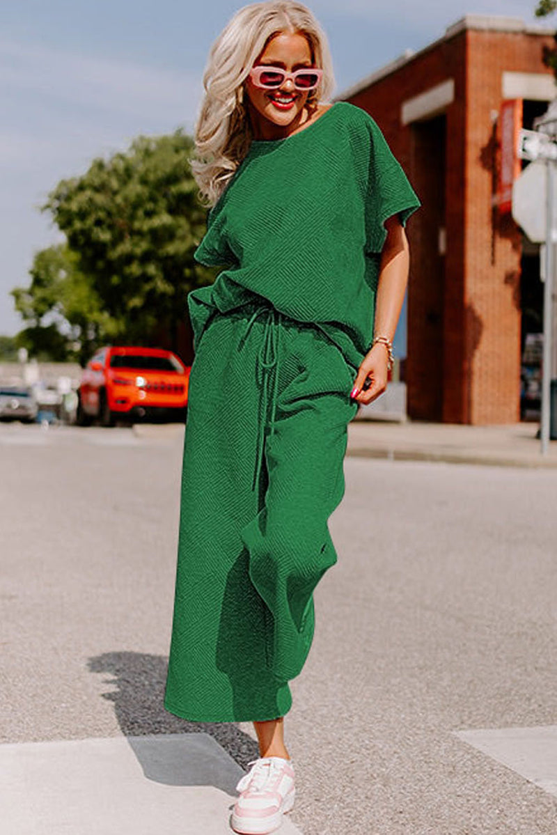 Brown Textured Loose Fit T Shirt and Drawstring Pants Set