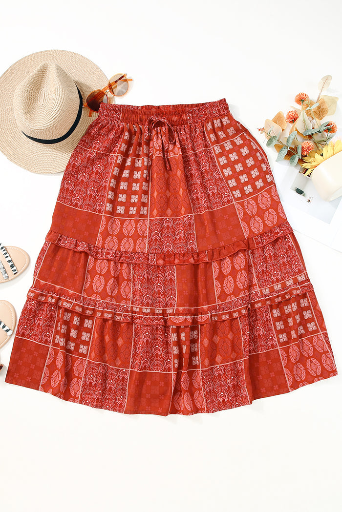 Red Bohemian Mix Print Long Flared Skirt